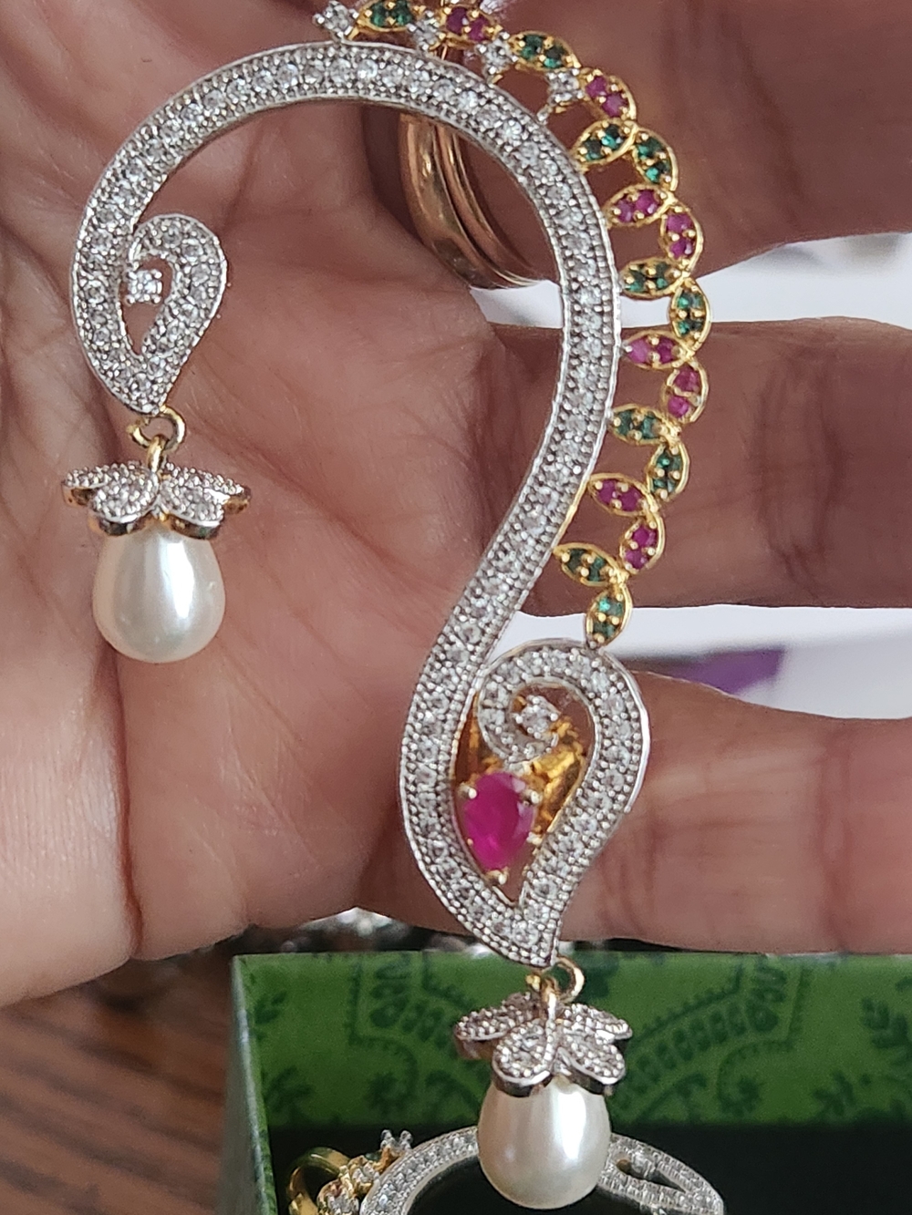 Stunning Bollywood-Style CZ &  Pearl Statement Ear Cuffs Gold Plated - Picture 3 of 4